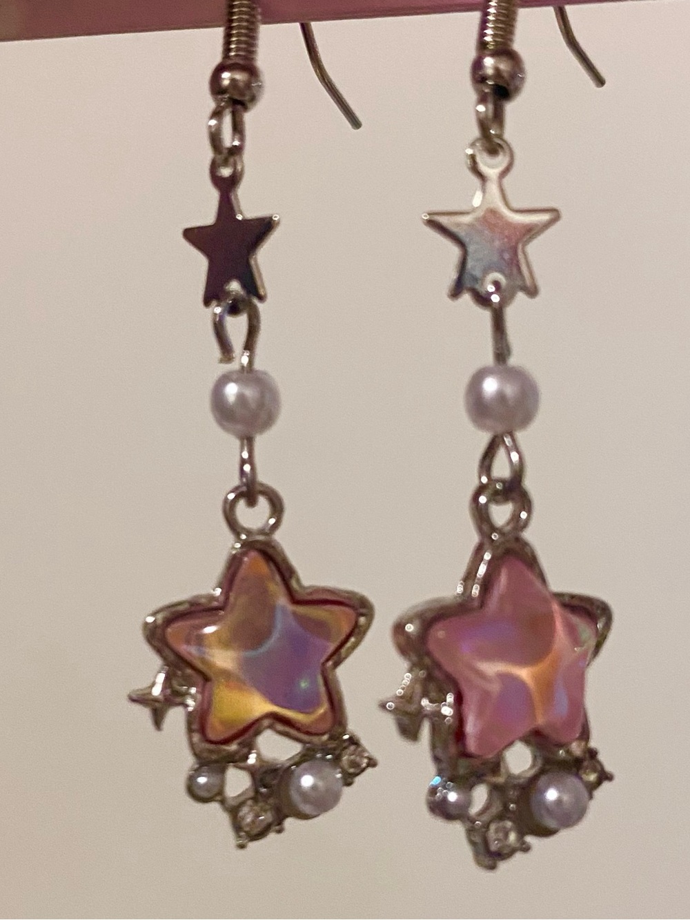 Hand Crafted Iridescent Pink Star Dangle Earrings